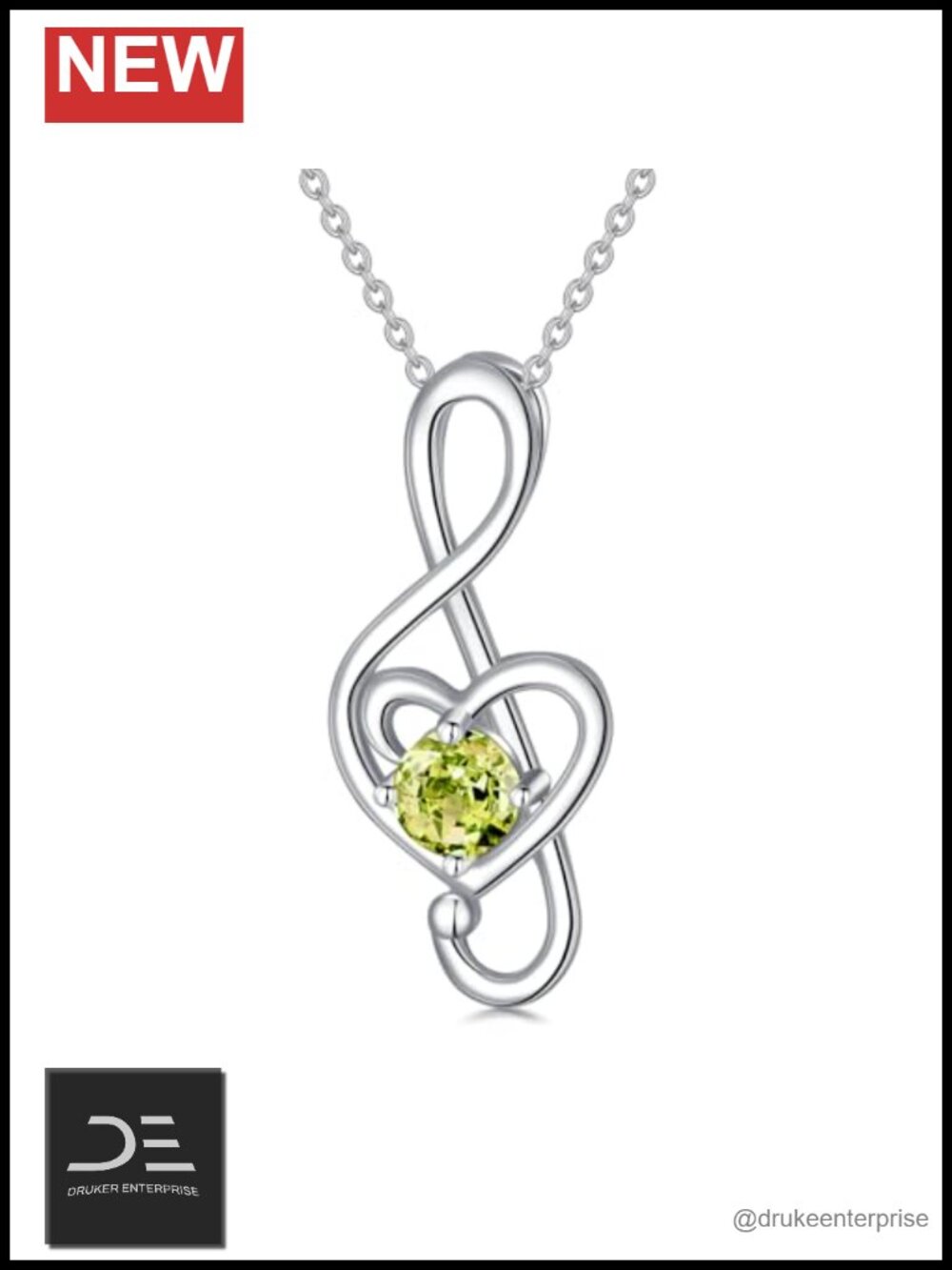 925 Sterling Silver Treble Clef Music Note Necklace with Peridot Birthstone
